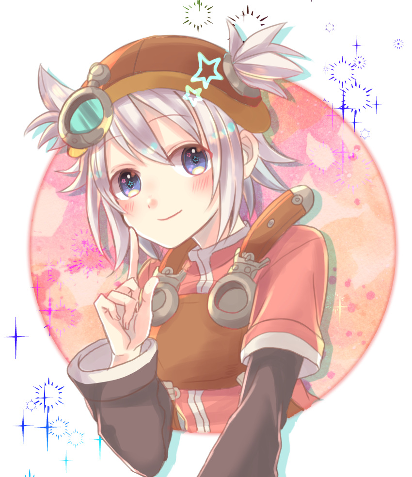 1girl, 69871, blue_eyes, blush, brown_headwear, hat, highres, long_sleeves