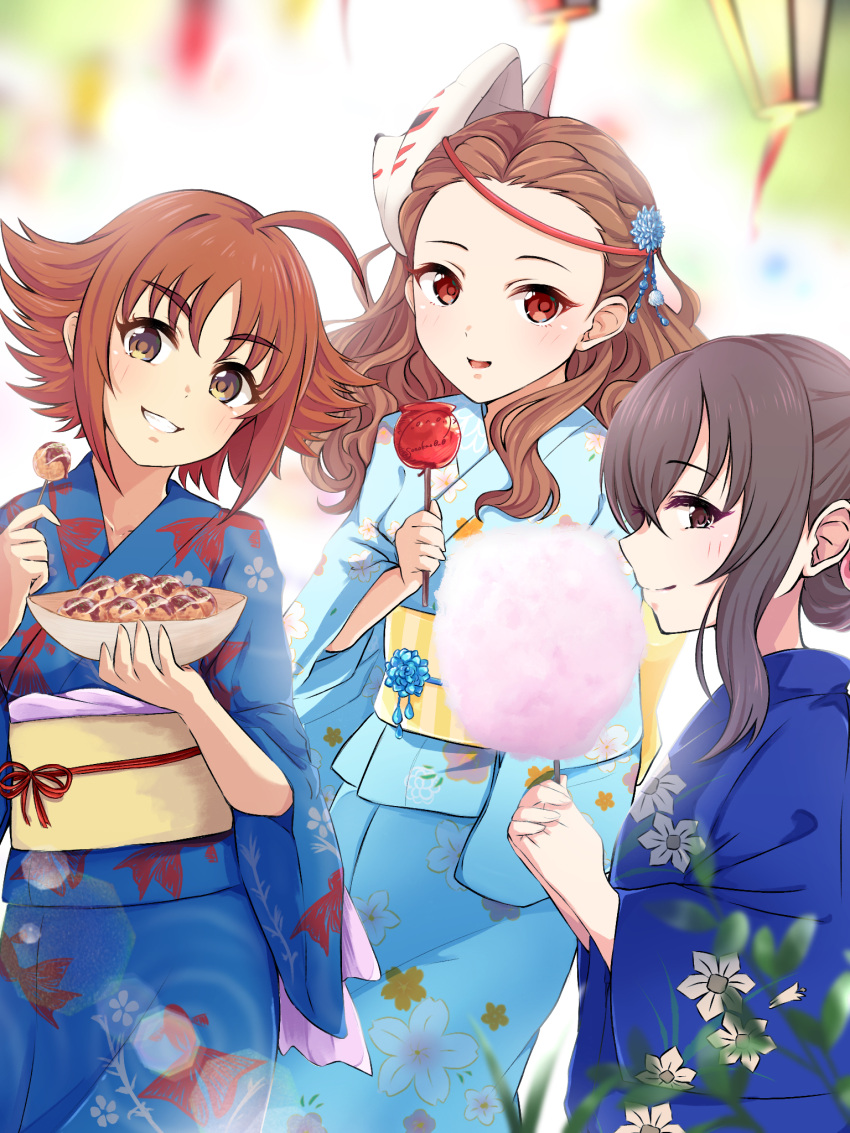 3girls, ahoge, artist_name, bowl, brown_eyes, brown_hair, candy_apple, cotton_candy