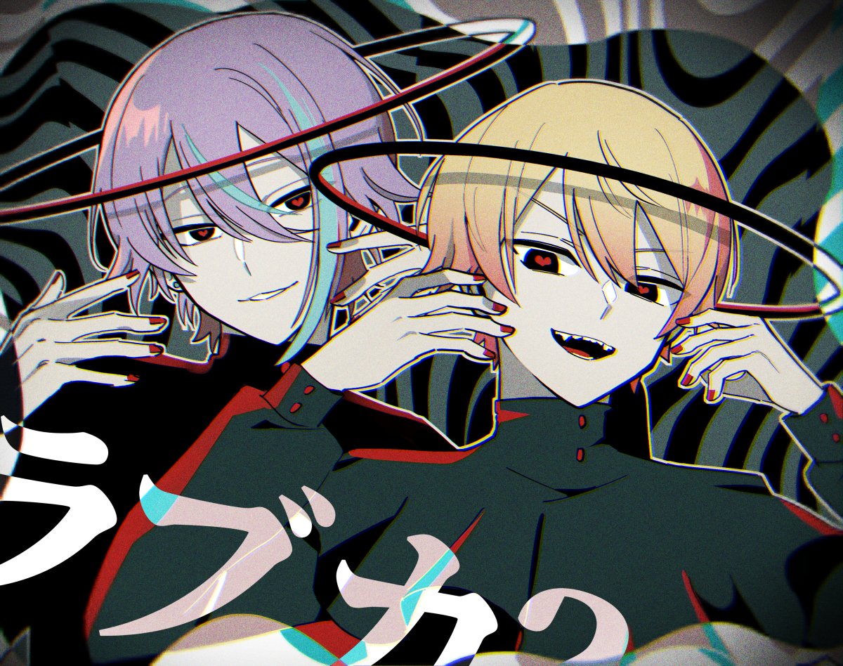2boys, alternate_costume, asymmetrical_bangs, black_shirt, blonde_hair, blue_hair, buttons, commentary_request