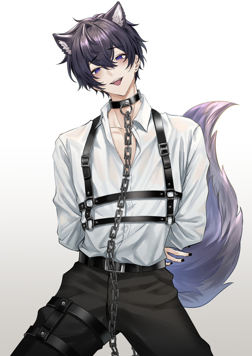 1boy, :p, animal_ears, black_hair, black_nails, black_pants, dog_boy, dog_ears