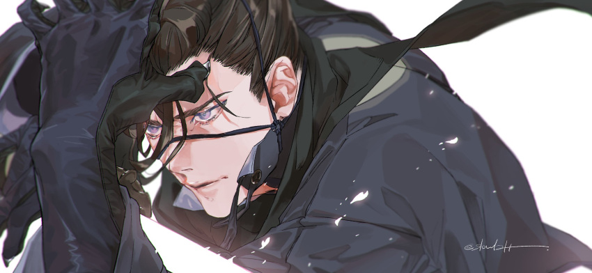 1boy, black_gloves, black_hair, black_hakama, black_scarf, fate/grand_order, fate_(series), furrowed_brow
