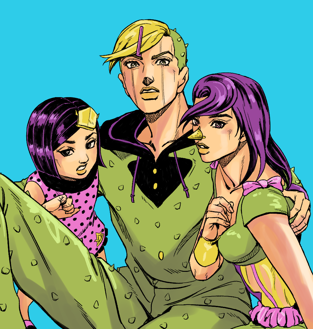 1girl, 2boys, arm_around_shoulder, crossdressing, dress, facial_mark, family, green_hair