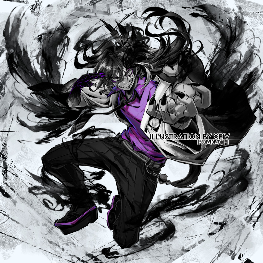 1boy, absurdres, alternate_costume, artist_name, aura, banzoin_hakka, collared_shirt, colored_skin