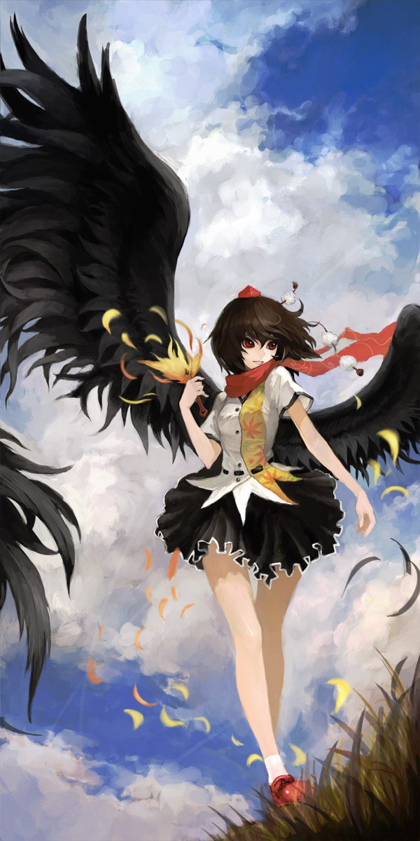 black_hair, black_wings, clouds, duplicate, fenrir_(pixiv926116), hat, legs, red_eyes, shameimaru_aya, short_hair, skirt, sky, smile, solo, tokin_hat, touhou, wings