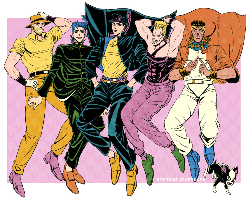 5boys, alternate_costume, armpits, beard, black_hair, blonde_hair, blue_hair, boston_terrier