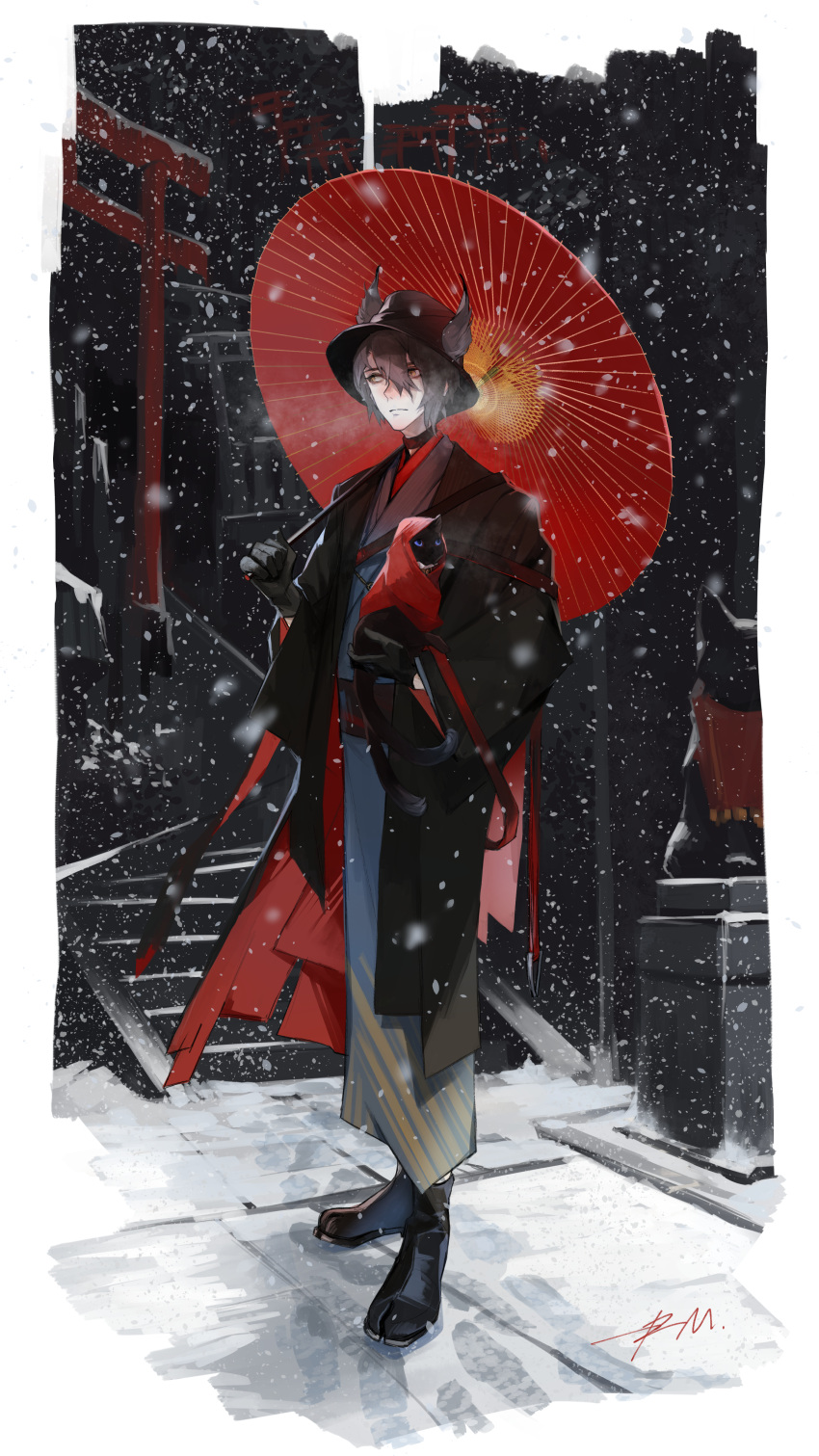 1boy, absurdres, animal, animal_ears, ankle_boots, arknights, black_cat, black_coat