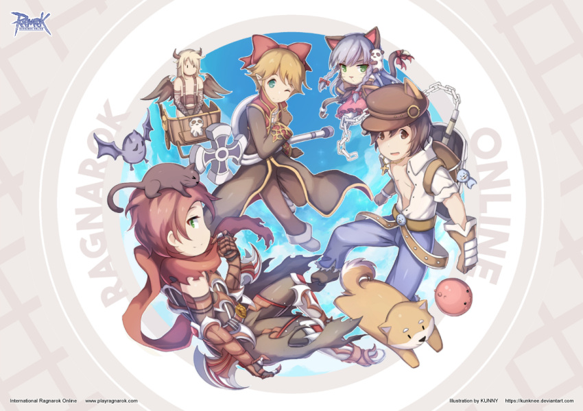 1girl, 4boys, animal_ear_headwear, animal_ears, animal_on_head, arm_blade, armored_boots, backpack, bag, bat_(animal), belt, black_cape, black_cat, black_coat, black_gloves, black_pants, black_shirt, black_wings, blacksmith_(ragnarok_online), blonde_hair, blue_pants, boots, bow, bowtie, brown_belt, brown_bow, brown_bowtie, brown_eyes, brown_footwear, brown_gloves, brown_hair, brown_horns, brown_pants, cape, cat, cat_ears, cat_girl, cat_on_head, chain, closed_mouth, coat, commentary, commission, copyright_name, cross, demon_boy, demon_horns, demon_wings, dog, elbow_gloves, english_commentary, familiar_(ragnarok_online), full_body, furry, furry_female, gauntlets, gloves, green_eyes, guillotine_cross_(ragnarok_online), hair_bow, horns, incubus_(ragnarok_online), kunknee, long_hair, long_sleeves, looking_at_viewer, multiple_boys, official_alternate_costume, on_head, one_eye_closed, open_mouth, panda, pants, poring, priest_(ragnarok_online), pullcart, ragnarok_online, red_bow, red_coat, red_scarf, scarf, seal_(ragnarok_online), shiba_inu, shirt, shoes, short_hair, short_sleeves, sleeveless, sleeveless_shirt, slime_(creature), smile, stuffed_seal, summoner_(ragnarok_online), tail, tail_bow, tail_ornament, torn_cape, torn_clothes, torn_scarf, two-tone_coat, unbuttoned, unbuttoned_shirt, waist_cape, weapon, white_footwear, white_shirt, wings
