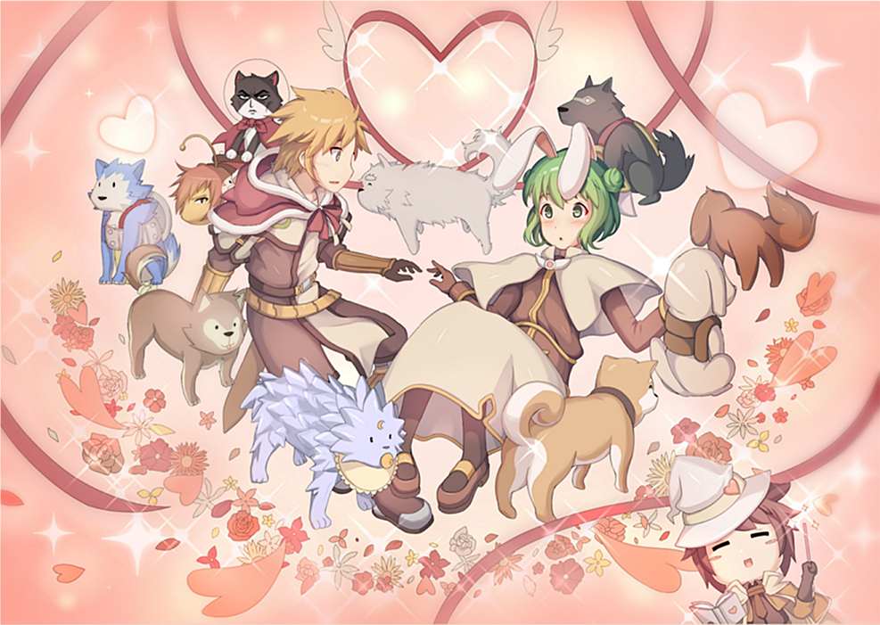 1girl, 2boys, acolyte_(ragnarok_online), animal_ears, armored_boots, blonde_hair, blush, book, boots, brown_capelet, brown_footwear, brown_gloves, brown_hair, brown_pants, brown_pantyhose, brown_shirt, brown_skirt, capelet, cat, closed_eyes, commentary_request, desert_wolf_(ragnarok_online), dog, double_bun, flower, full_body, gloves, green_eyes, green_hair, grey_eyes, hair_bun, hat, hat_ornament, hatii_(ragnarok_online), heart, heart_hat_ornament, holding, holding_book, holding_wand, kobold_(ragnarok_online), kunknee, long_sleeves, looking_at_another, mage_(ragnarok_online), multiple_boys, open_mouth, pants, pantyhose, rabbit_ears, ragnarok_online, red_flower, shirt, short_hair, skirt, smile, sparkle, swordsman_(ragnarok_online), wand, white_headwear, wild_robbit_(mega_man), witch_hat
