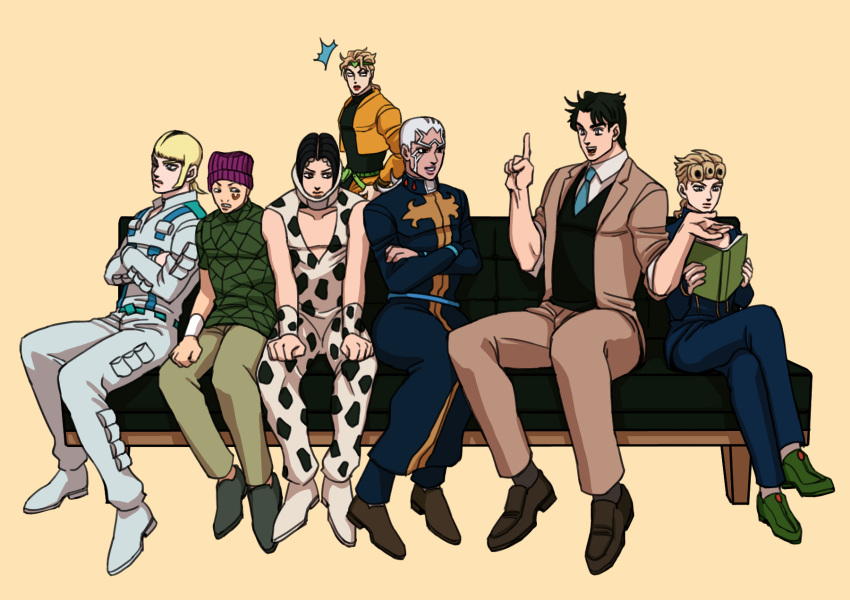 6+boys, animal_print, beanie, black_hair, blonde_hair, book, brothers, cassock, cleavage_cutout, clothing_cutout, couch, cow_print, crossed_arms, crossed_legs, dark-skinned_male, dark_skin, dio_brando, donatello_versus, enrico_pucci, family, father_and_son, giorno_giovanna, hage_tashuumi, hat, highres, jojo_no_kimyou_na_bouken, male_focus, multiple_boys, neck_brace, necktie, pointing, pointing_up, priest, reading, rikiel, siblings, sideburns, simple_background, sitting, stone_ocean, sweater_vest, time_paradox, ungaro, vento_aureo, white_hair, wristband