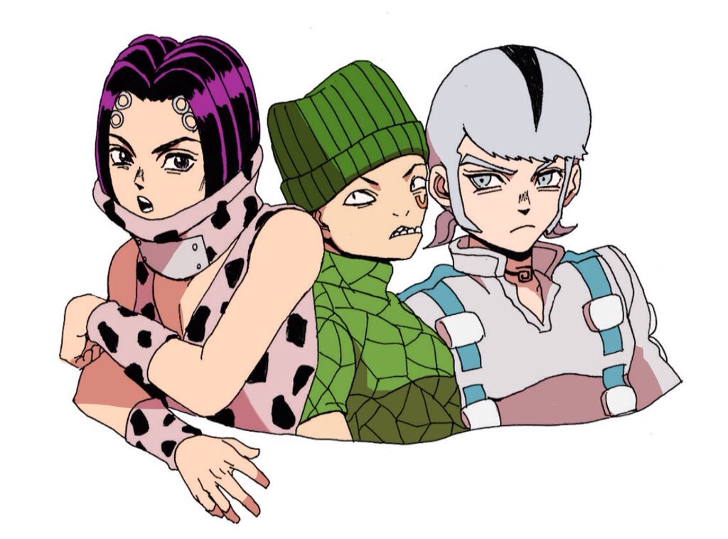 3boys, animal_print, beanie, black_hair, brothers, chibi, cleavage_cutout, clothing_cutout, cow_print, donatello_versus, facial_mark, family, grey_eyes, hage_tashuumi, hat, jojo_no_kimyou_na_bouken, multiple_boys, necktie, purple_hair, rikiel, short_twintails, siblings, sideburns, stone_ocean, twintails, ungaro, upper_body, white_hair