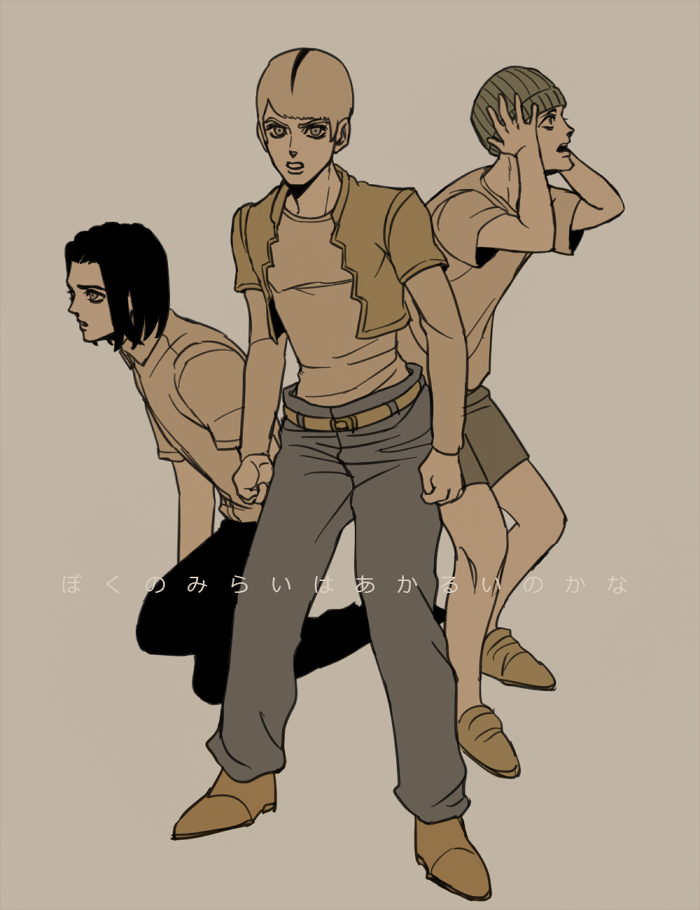 3boys, aged_down, beanie, blunt_bangs, brothers, cropped_jacket, donatello_versus, hage_tashuumi