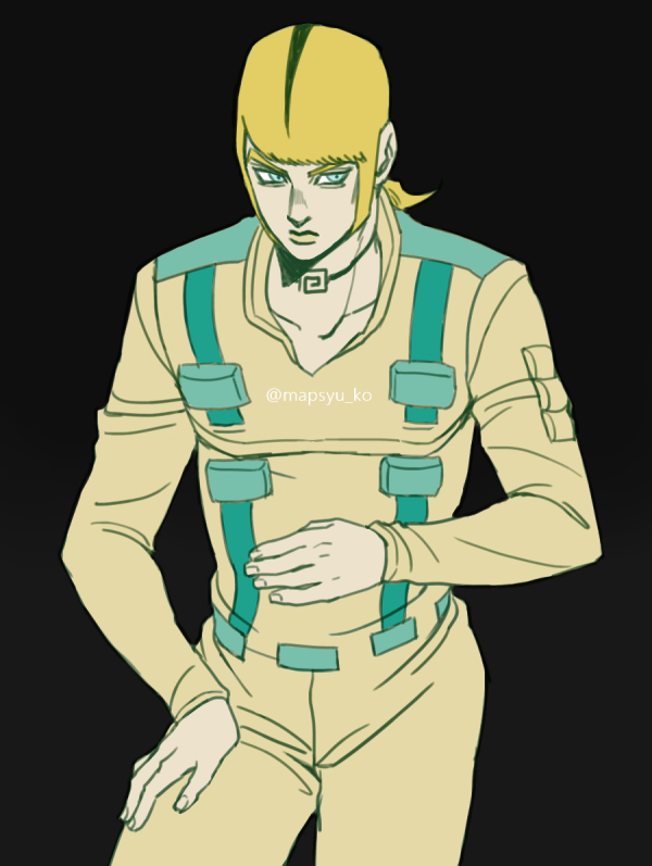 1boy, black_background, blonde_hair, blue_eyes, donatello_versus, hage_tashuumi, jojo_no_kimyou_na_bouken, multicolored_hair