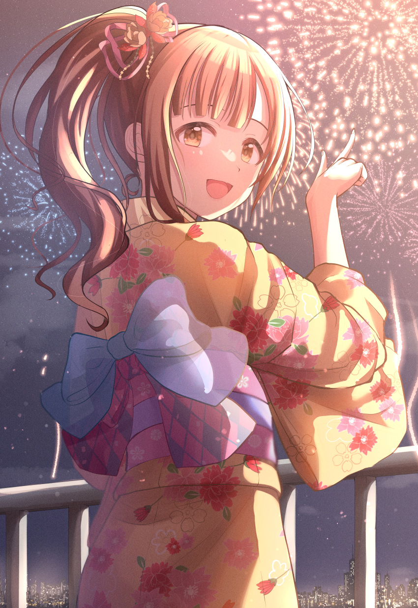 1girl, absurdres, aerial_fireworks, backlighting, blush, bow, brown_eyes, brown_hair