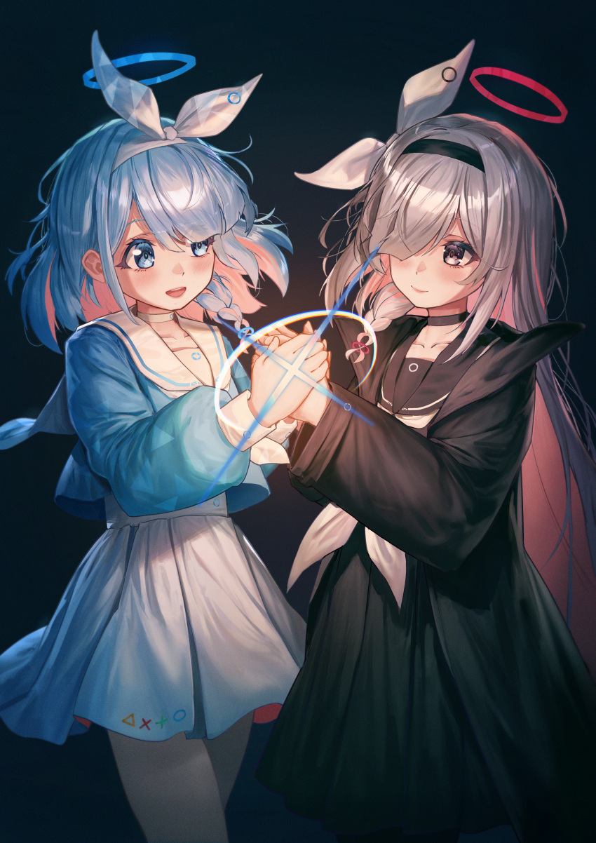 2girls, a.r.o.n.a_(blue_archive), absurdres, arona_(blue_archive), black_choker, black_coat, black_eyes, black_hairband
