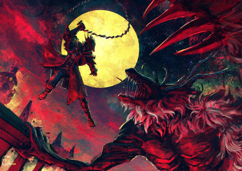 1other, ambiguous_gender, antlers, artofchinara, blood, bloodborne, bridge, chain