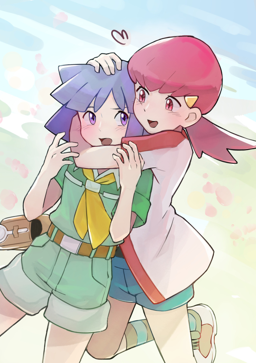 1boy, 1girl, absurdres, belt, belt_buckle, belt_pouch, blush, brown_belt, buckle, bugsy_(pokemon), collared_shirt, commentary_request, commission, green_shirt, green_shorts, highres, hug, hug_from_behind, jacket, leg_up, magnifying_glass, neckerchief, open_mouth, pink_eyes, pink_hair, pixiv_commission, pokemon, pokemon_(game), pokemon_hgss, pouch, purple_hair, shake_shark3, shirt, shoes, short_hair, short_sleeves, shorts, socks, violet_eyes, white_jacket, whitney_(pokemon), yellow_neckerchief