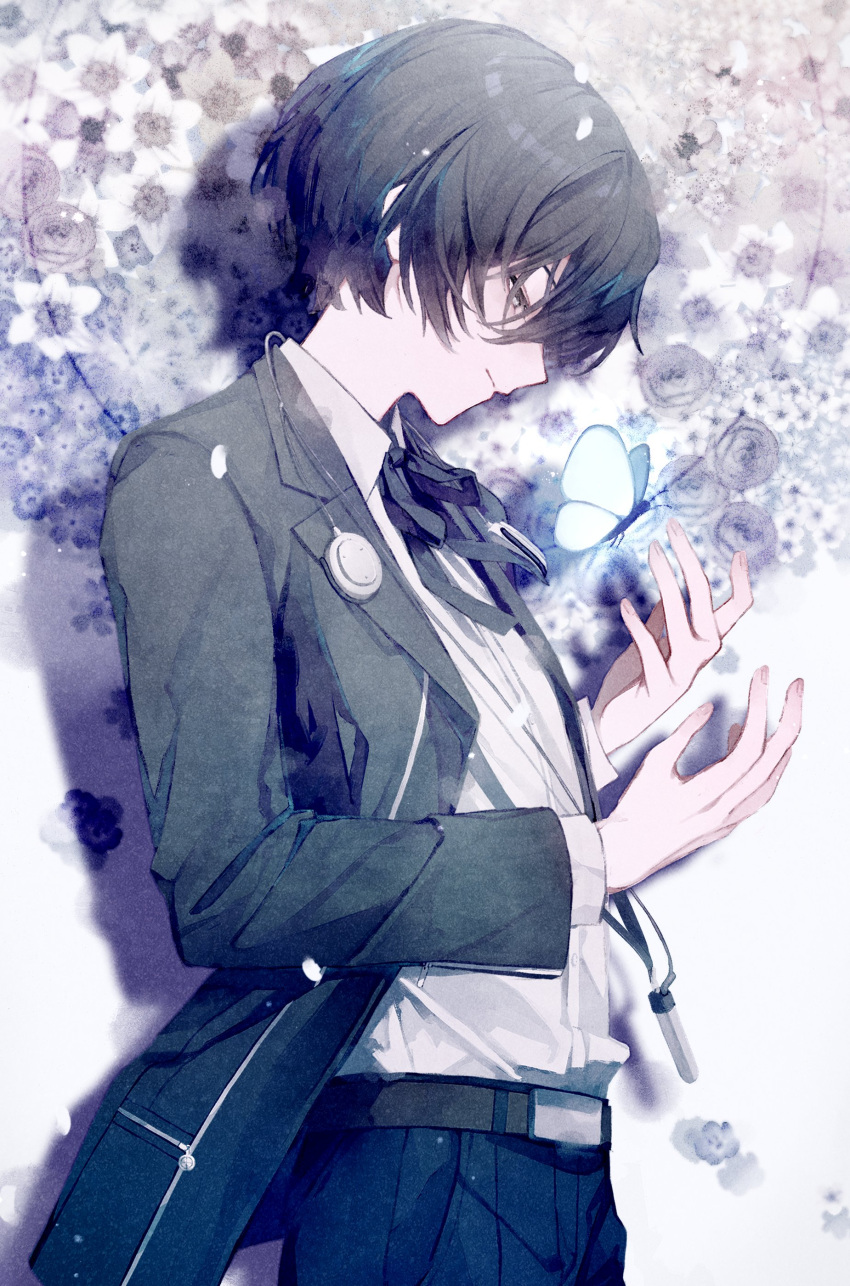 1boy, absurdres, alternate_hair_color, belt, belt_buckle, black_hair, black_jacket, black_pants