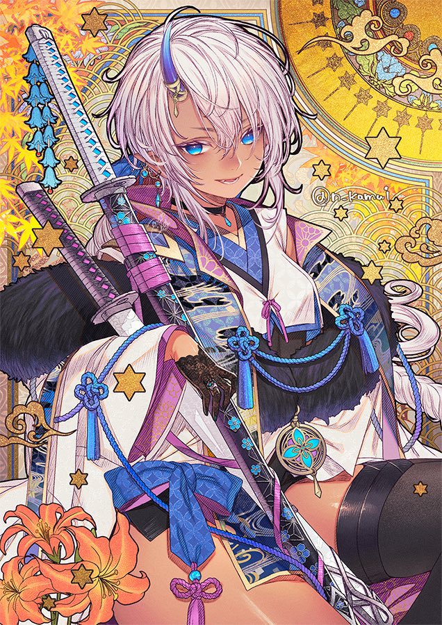 1girl, art_nouveau, black_gloves, black_thighhighs, blue_eyes, blue_horns, commentary, dark-skinned_female