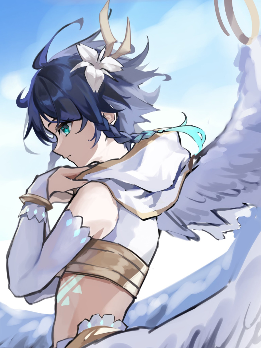 1boy, androgynous, aqua_eyes, aqua_hair, black_hair, braid, bridal_gauntlets, capelet