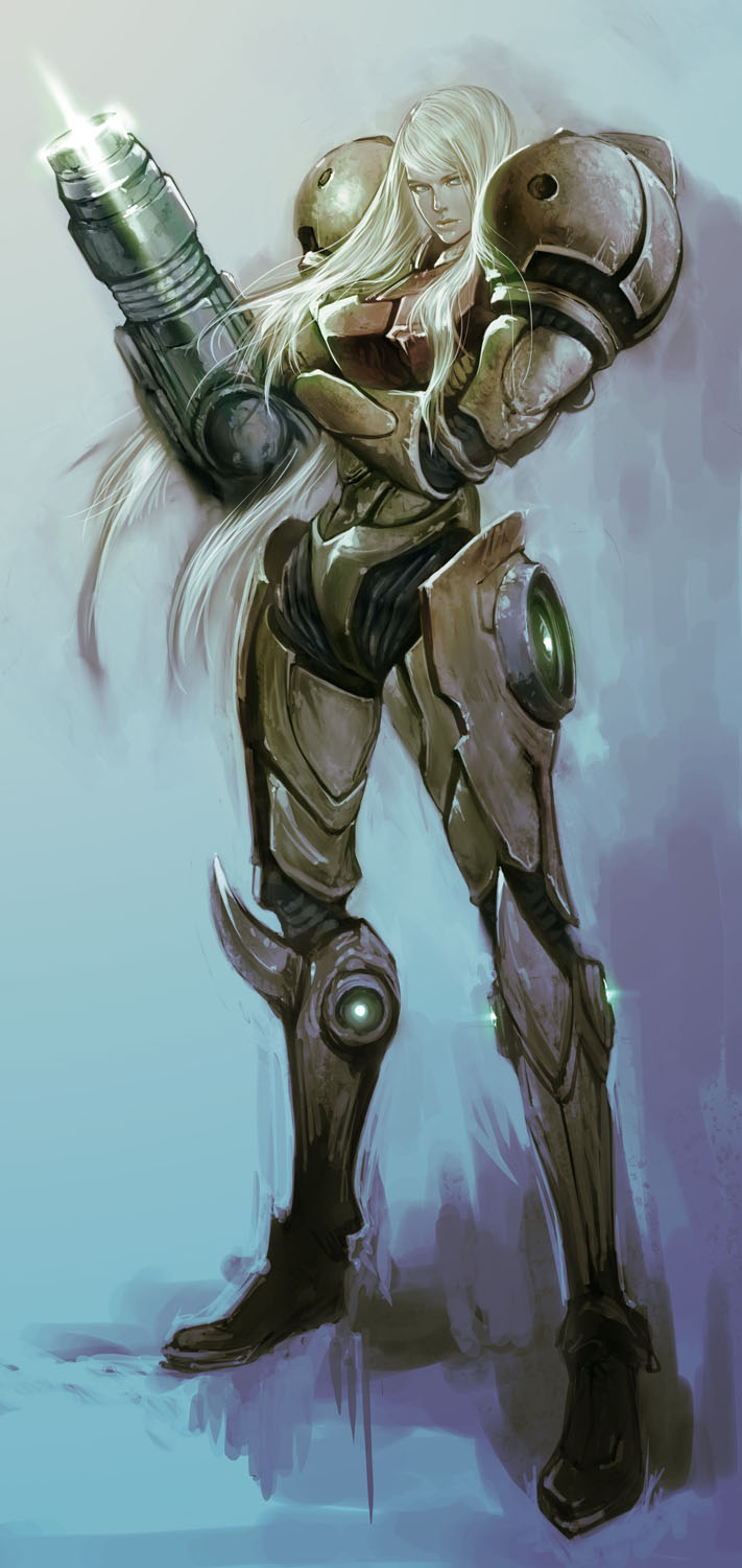 bad_id, blonde_hair, blue_eyes, gun, highres, ikeda_masateru, long_hair, metroid