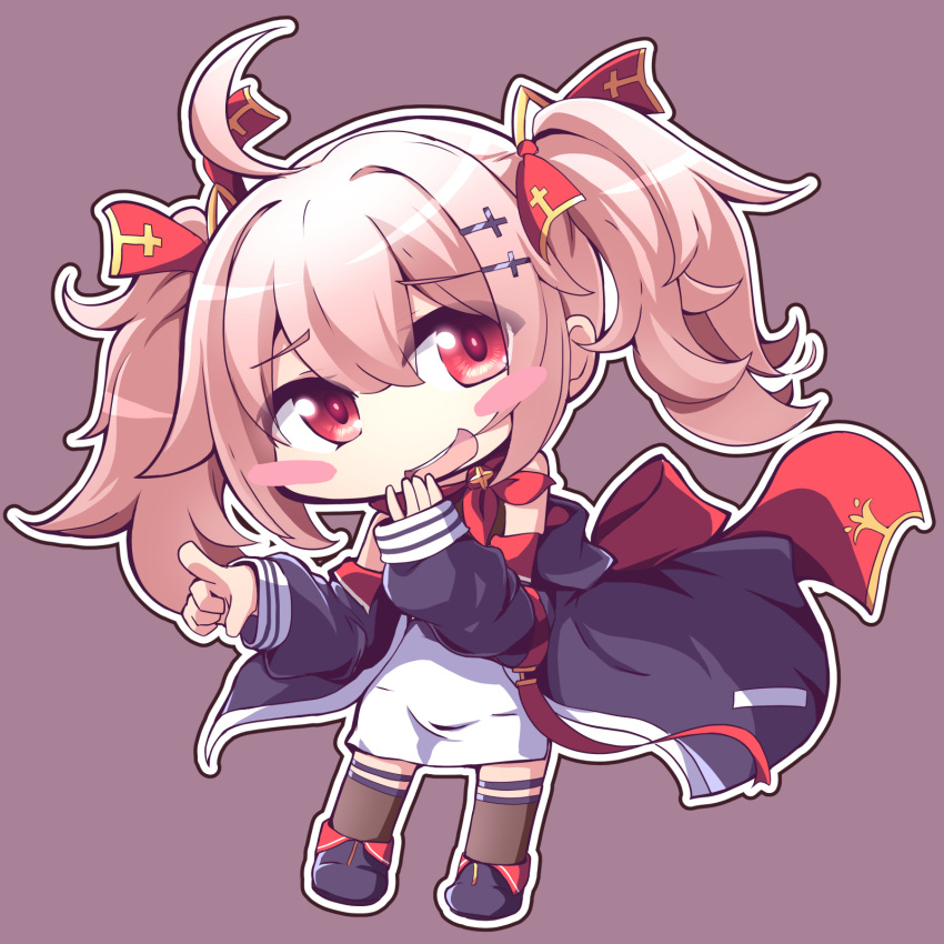 1girl, ahoge, azur_lane, blonde_hair, blunt_bangs, chibi, cross, cross_hair_ornament