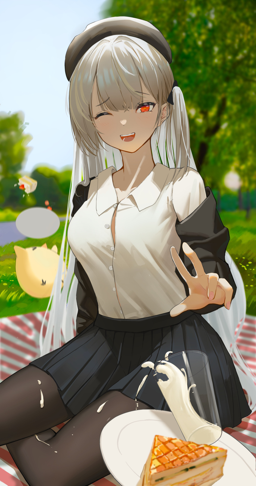 1girl, absurdres, azur_lane, beret, bird, black_jacket, black_pantyhose, blanket