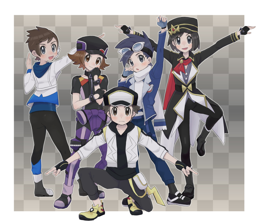 5boys, :d, :o, arm_up, black_gloves, black_headwear, black_pants, blue_jacket