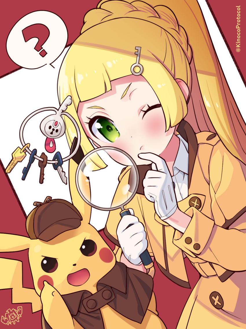1girl, ?, belt, blonde_hair, blush, braid, brown_headwear, buttons