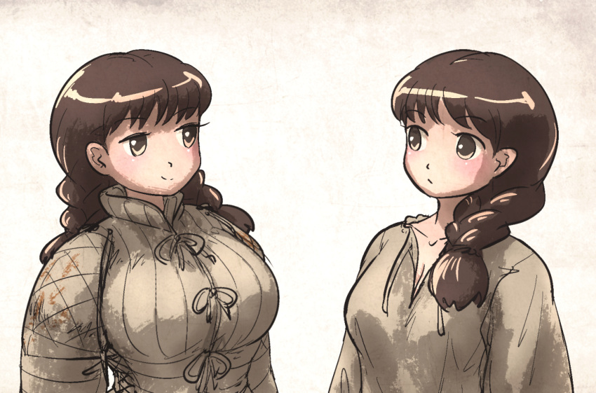 2girls, armor, brown_hair, collarbone, gambeson, ironlily, long_hair, multiple_girls