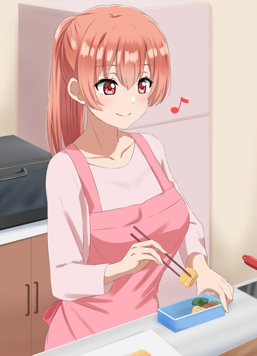 1girl, aged_up, alternate_hairstyle, apron, bento, blush, chopsticks, closed_mouth, collarbone, commentary, dars_(recolors), food, hair_between_eyes, highres, holding, holding_chopsticks, housewife, indoors, kitchen, long_hair, long_sleeves, microwave, musical_note, omelet, pink_apron, pink_hair, pink_shirt, ponytail, red_eyes, refrigerator, shirt, smile, solo, tamagoyaki, yahari_ore_no_seishun_lovecome_wa_machigatteiru., yuigahama_yui
