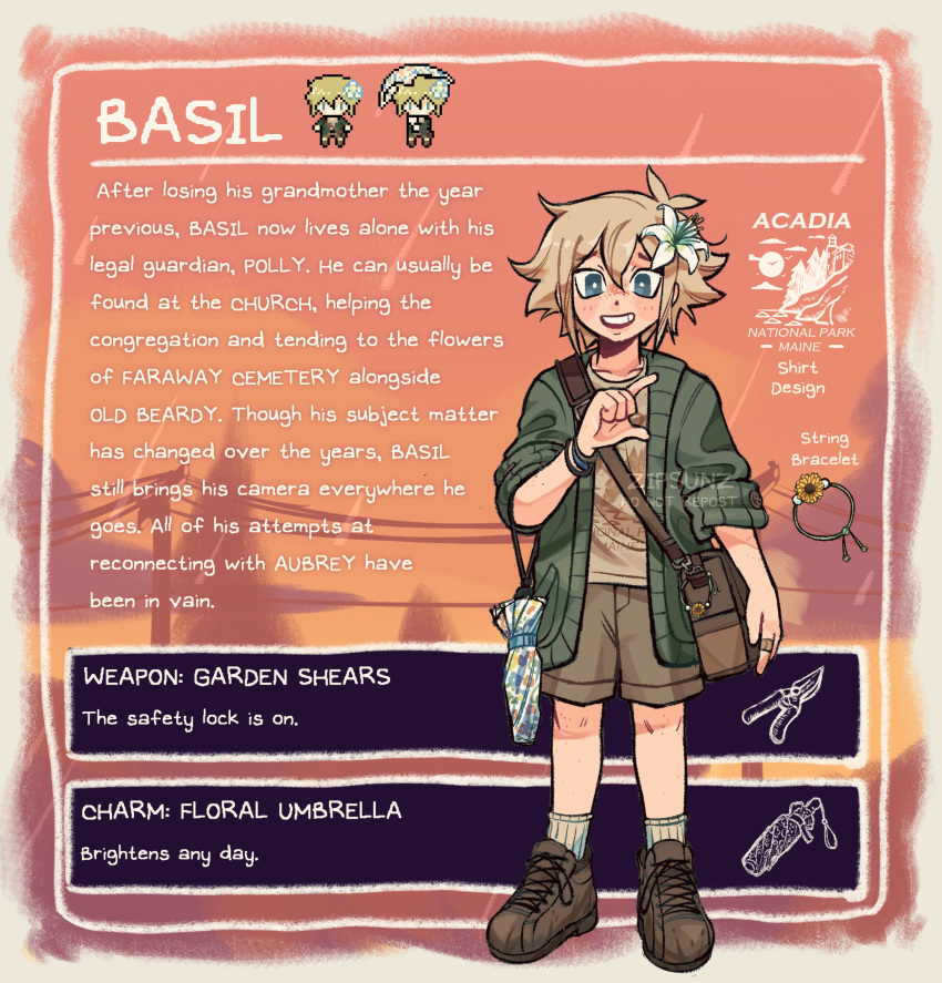 1boy, artist_name, bag, basil_(omori), blonde_hair, blue_eyes, blush, boots