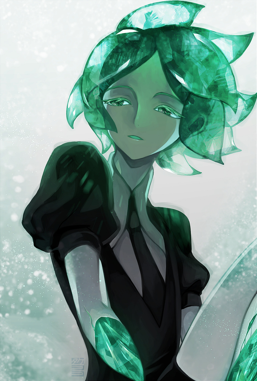 1other, amputee, androgynous, aqua_eyes, aqua_hair, aqua_tongue, black_shirt, collared_shirt