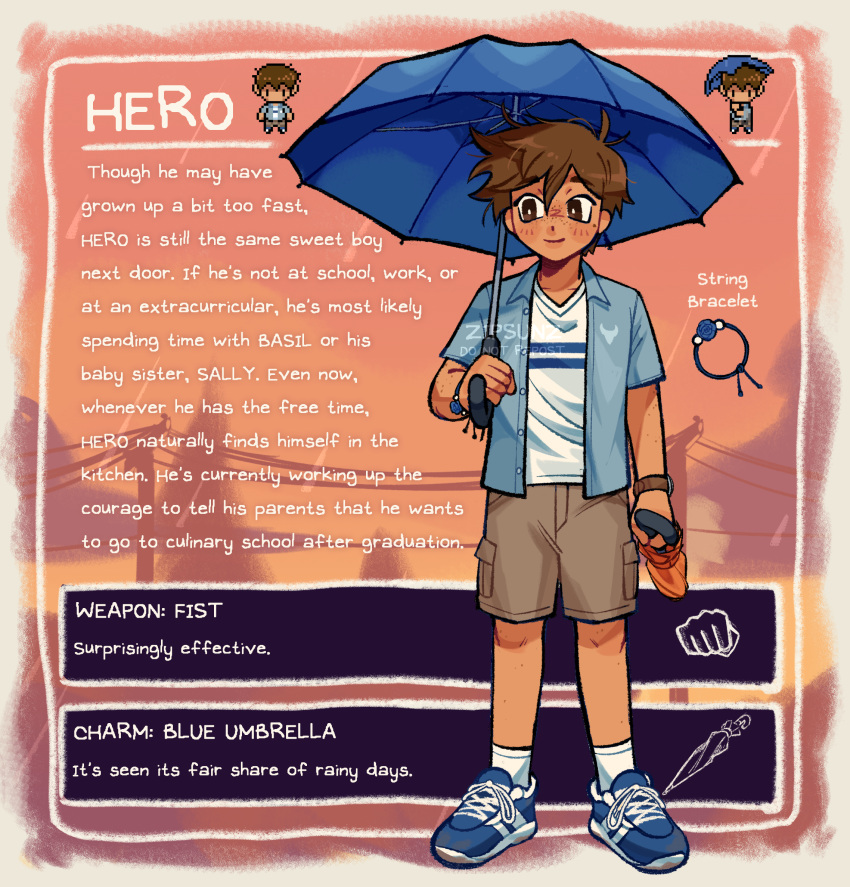 1boy, artist_name, blue_footwear, blush, brown_eyes, brown_hair, brown_shorts, character_name