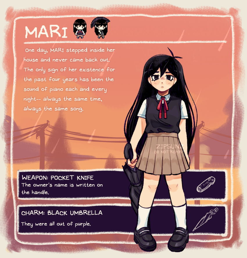 1girl, artist_name, black_eyes, black_footwear, black_hair, character_name, closed_mouth, collared_shirt