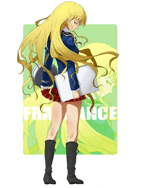 blonde_hair, boots, kuchinashi_(needless), long_hair, looking_back, needless, school_uniform, sketch