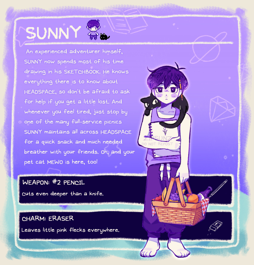 1boy, artist_name, barefoot, basket, cat, character_name, colored_skin, english_text