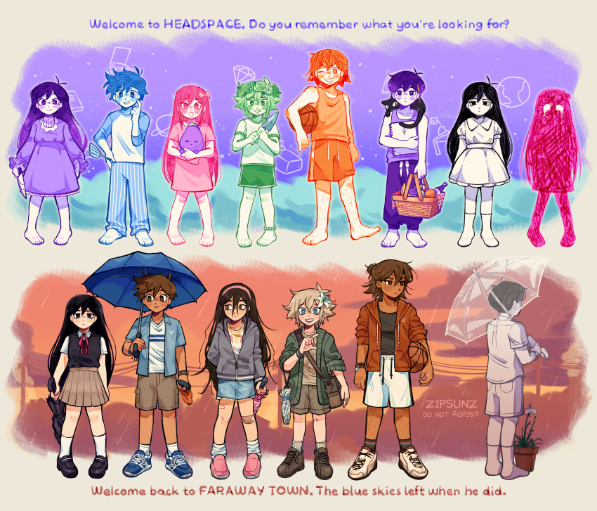 5girls, 6+boys, absurdres, anklet, aubrey_(omori), ball, barefoot, basil_(omori)
