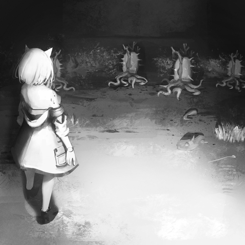 1girl, absurdres, animal_ears, arknights, cat_ears, cat_girl, dress, facing_away