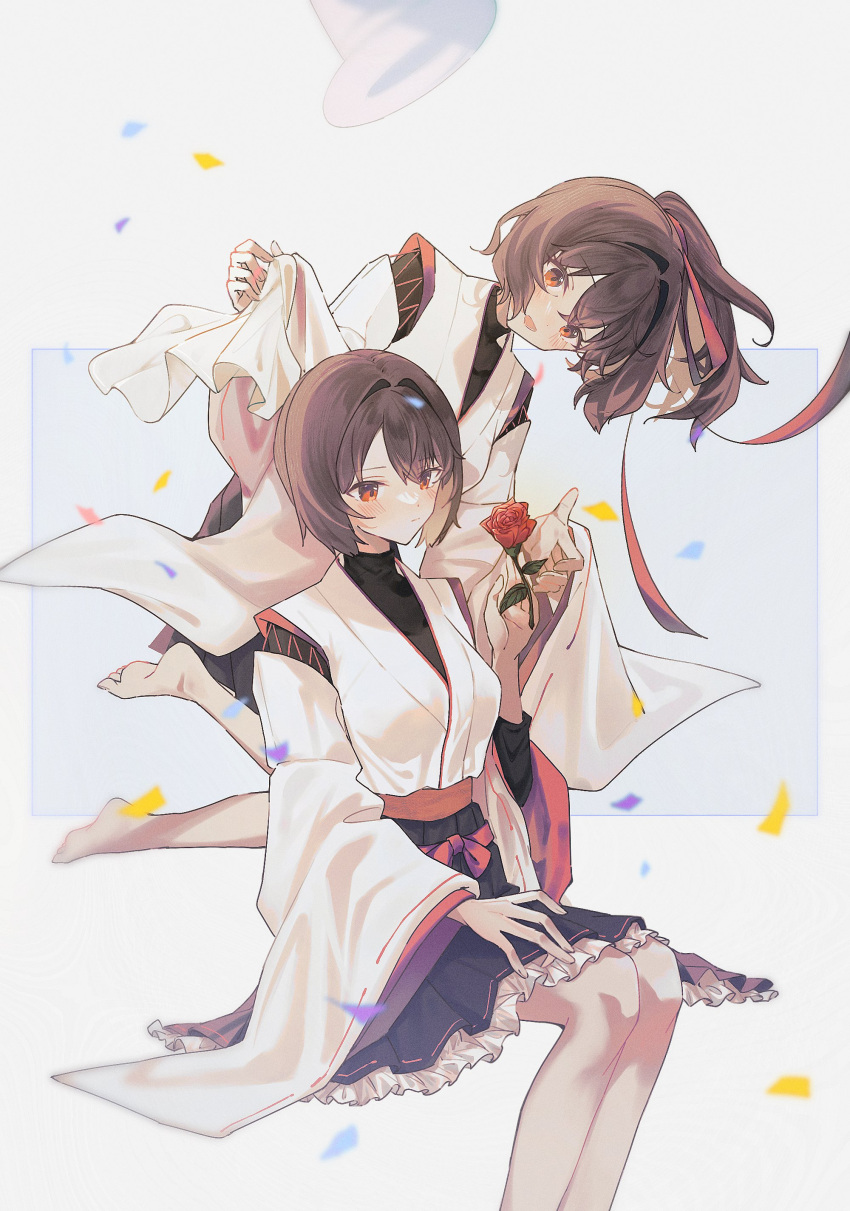 2girls, :d, absurdres, asymmetrical_bangs, barefoot, black_hakama, black_undershirt, brown_eyes