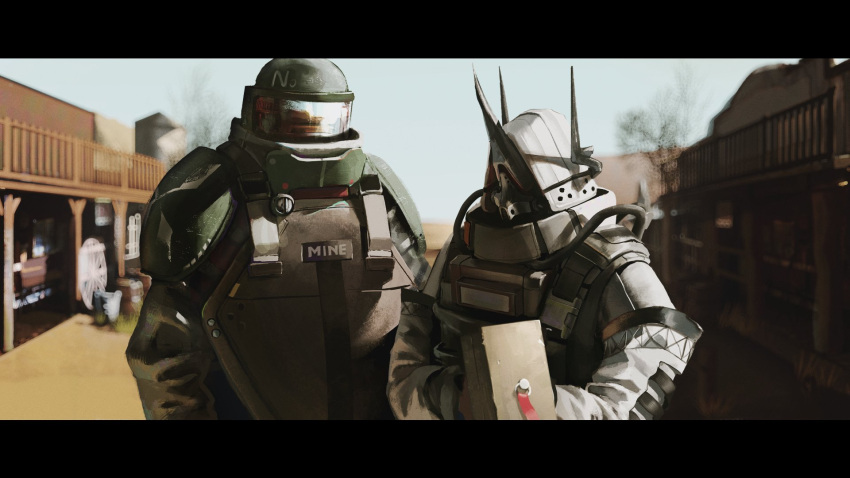 1boy, 1girl, arknights, big_bob_(arknights), blurry, blurry_background, bomb_suit, building