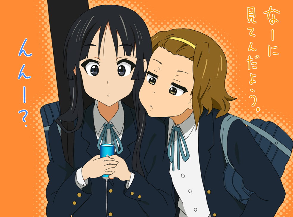 2girls, akasha_(dream), akiyama_mio, digital_media_player, forehead, ipod, k-on!, multiple_girls
