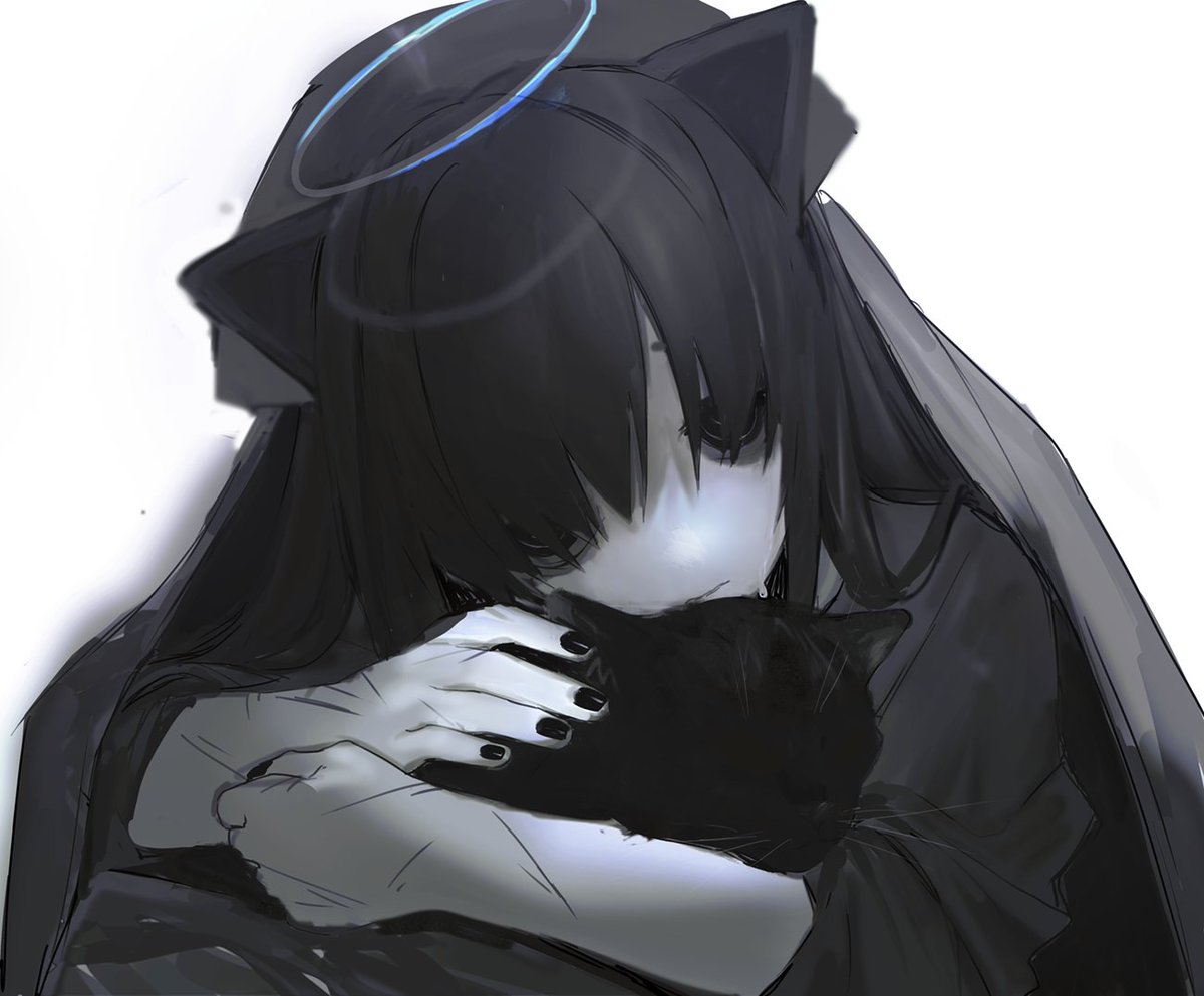 1girl, animal, animal_ears, black_cat, black_hair, black_nails, cat, cat_ears