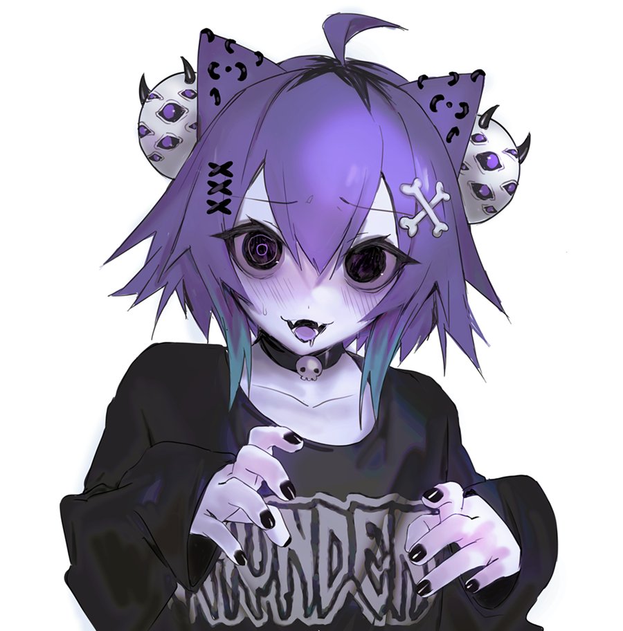 1girl, animal_ears, black_eyes, black_nails, black_shirt, cat_ears, fangs, hair_ornament