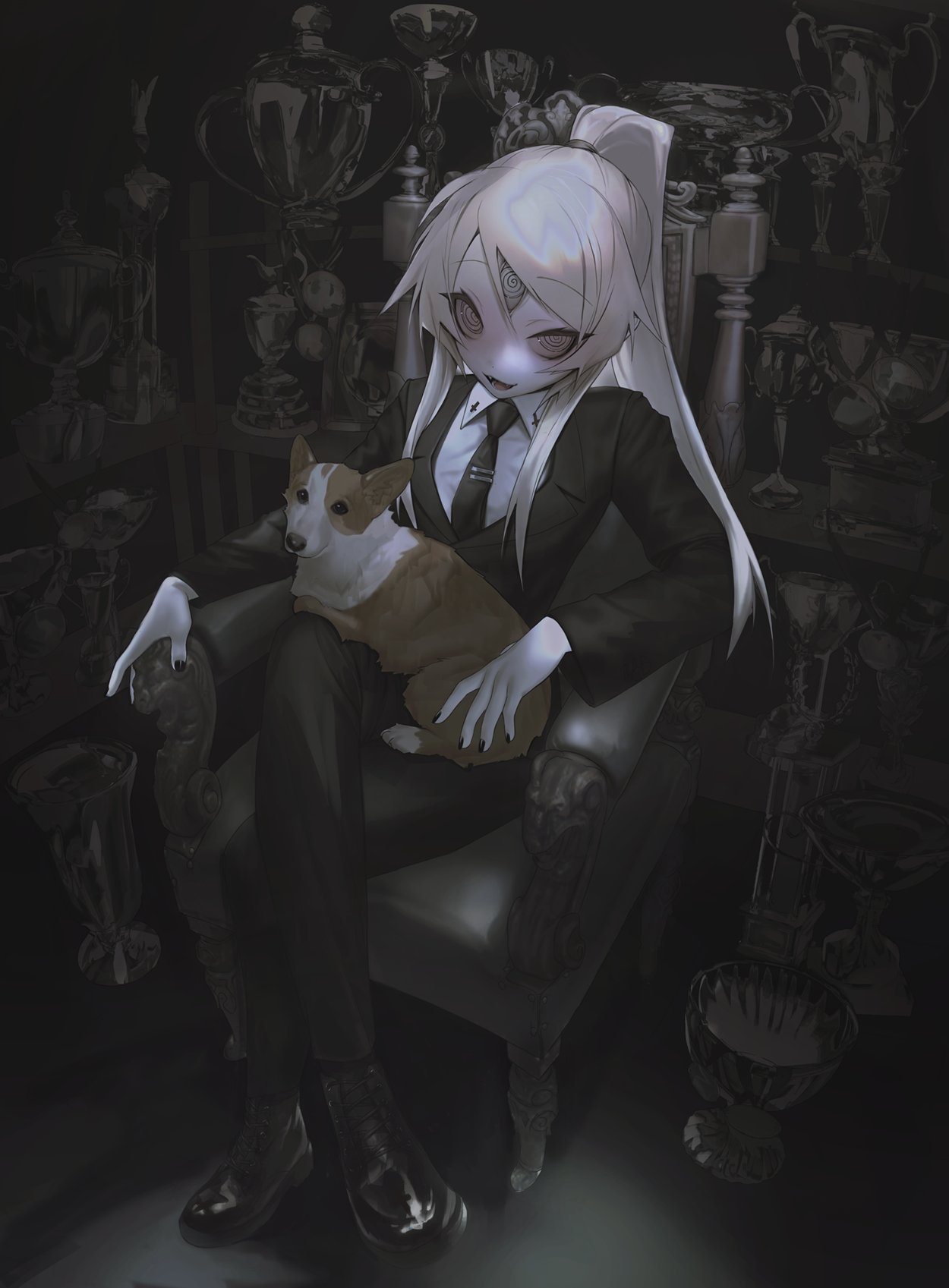 1girl, animal, black_footwear, black_nails, black_necktie, black_pants, chair, dog