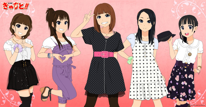 akasha_(dream), bad_id, belt, dress, fashion, hat, heart, heart_hands, highres, hikasa_youko, k-on!, kotobuki_minako, moe_moe_kyun!, multiple_girls, okasha, overalls, pantyhose, parody, sandals, satou_satomi, seiyuu, seiyuu_connection, seiyuu_joke, skirt, style_parody, taketatsu_ayana, toyosaki_aki, v