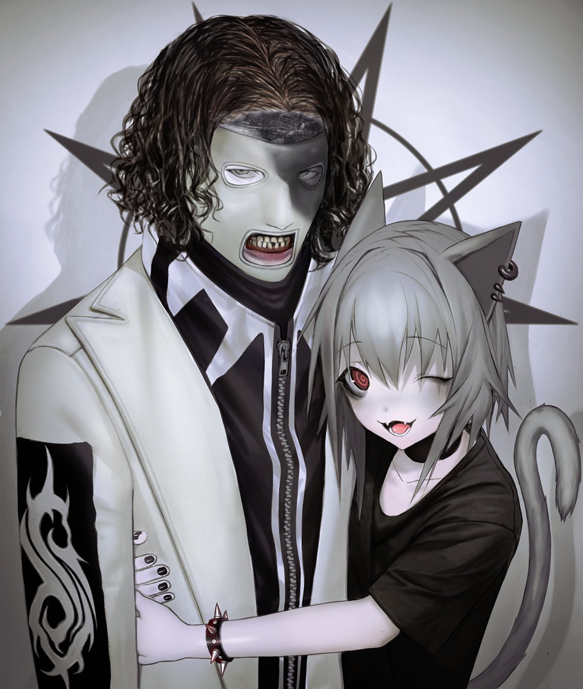 1boy, 1girl, animal_ears, black_nails, black_shirt, bracelet, cat_ears, cat_girl