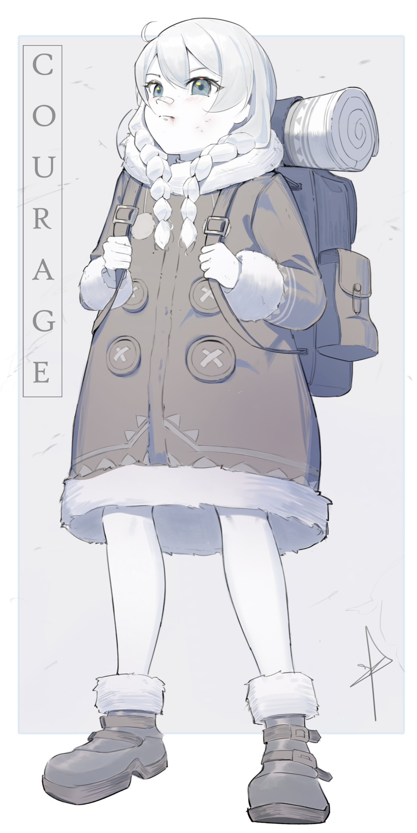 1girl, absurdres, backpack, bag, braid, closed_mouth, commentary_request, english_text