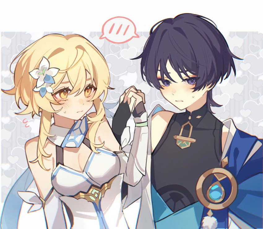 1boy, 1girl, black_shirt, blonde_hair, blush, dress, flower, genshin_impact