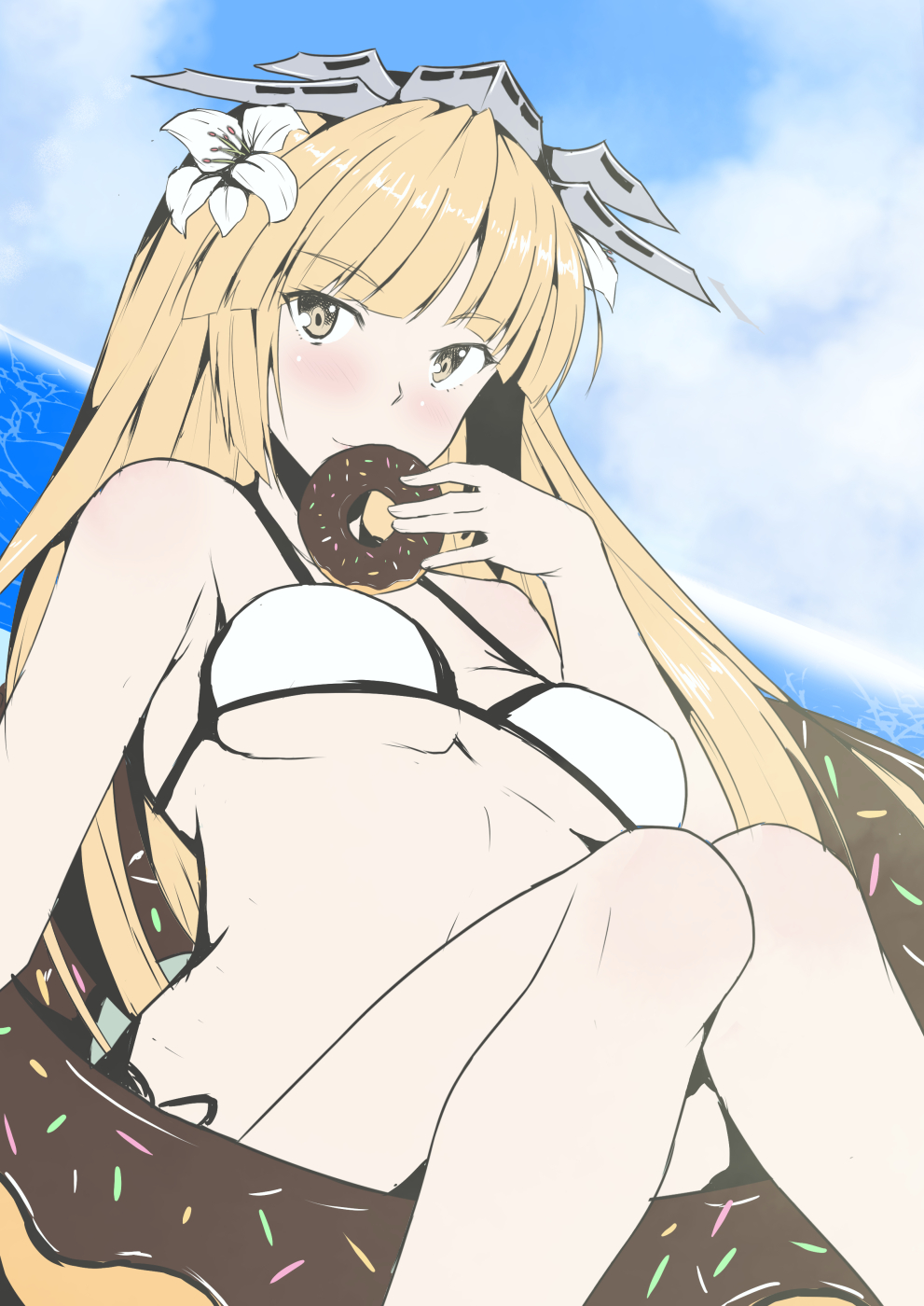 1girl, bikini, blonde_hair, blue_sky, blush, breasts, brooklyn_(kancolle), clouds