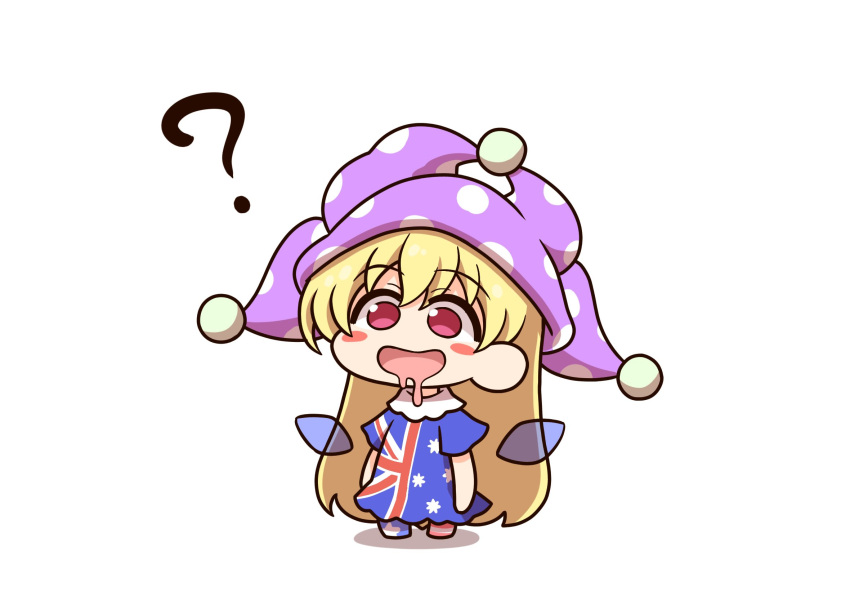 1girl, ?, american_flag_pants, australian_flag_print, blonde_hair, blush_stickers, chibi, clownpiece, dress, drooling, fairy_wings, full_body, hair_between_eyes, hat, highres, jester_cap, long_hair, looking_away, neck_ruff, no_shoes, open_mouth, pants, pink_eyes, polka_dot, purple_headwear, shadow, shitacemayo, short_sleeves, simple_background, smile, solo, standing, star_(symbol), star_print, striped, striped_pants, touhou, very_long_hair, white_background, wings